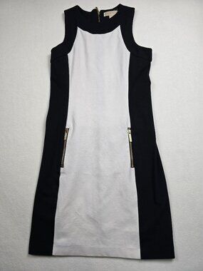 Michael Kors Black White Sleeveless Colorblock Dress Gold Zipper Accents Size S